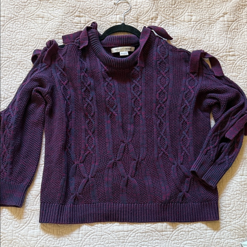 Elegant Plum Cable Knit Sweater with Shoulder Ties